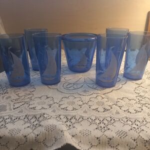 Vintage Hazel Atlas Cobalt Blue Ships Ice Pail & 6 Glasses Nautical/Coastal READ